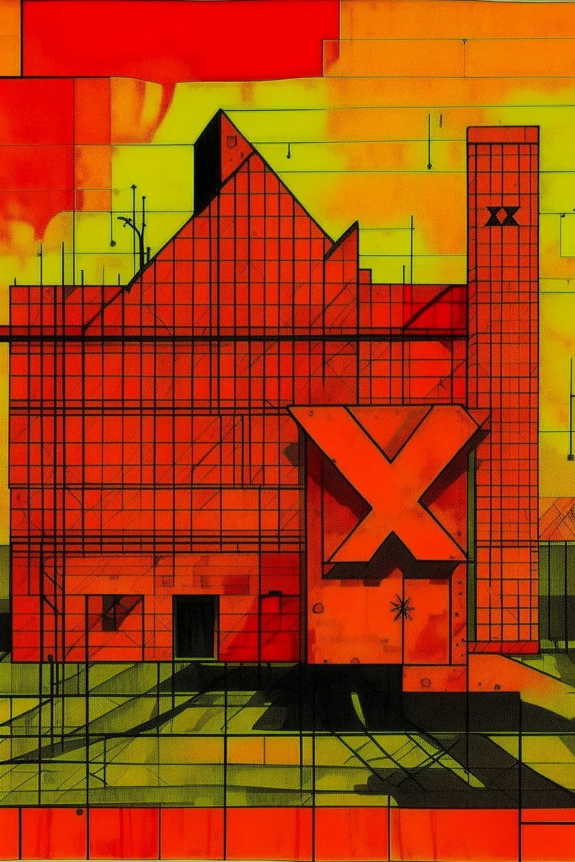 An orange colored destroyed factory with letter Xs painted by Paul Klee