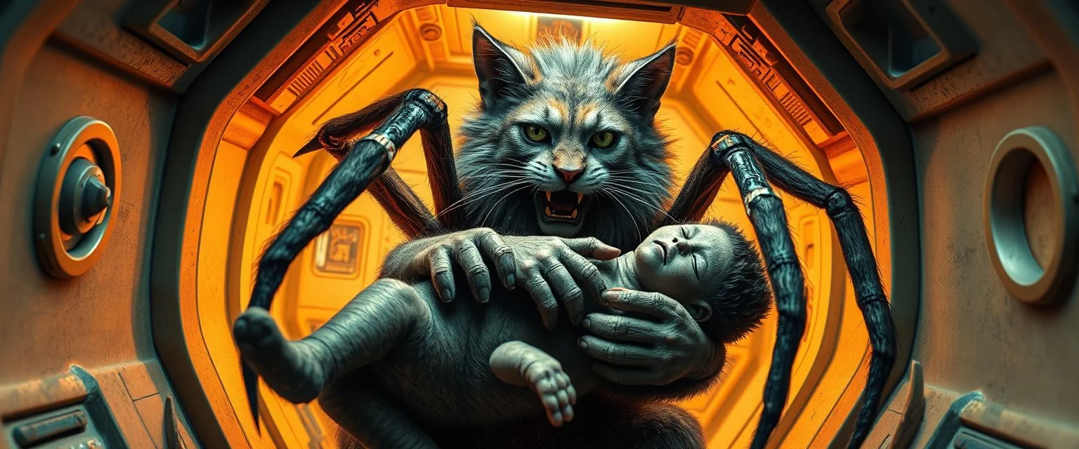gritty air brush 3d with pen outline, vampire space loab spider lion cat holding a human in its grip, pin hole cam in doll house space ship