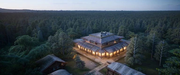 top view that warm, a huge library in forest with fireflies around trees that have wide leaves and broad trunked at night with moonlight.