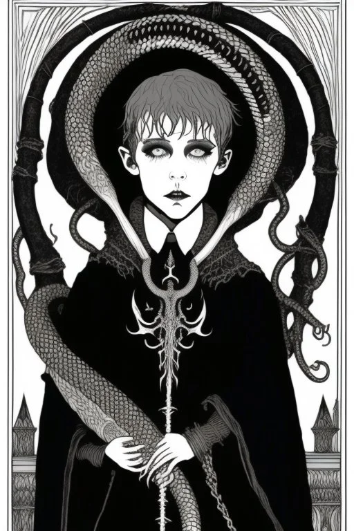 7 year old boy, necromancer, friendly, looks dead,with a lamprey serpent , wearing black robes, in the style of Harry Clarke