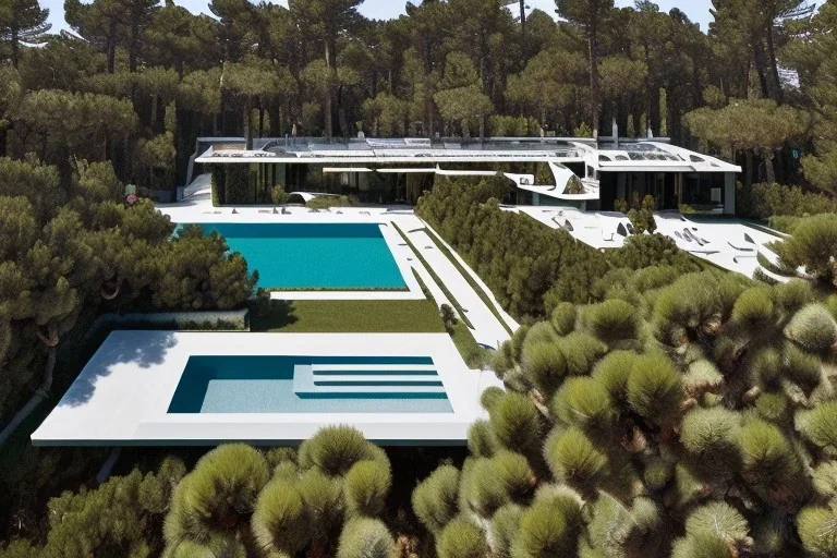 Day in quinta do lago, one straight line building of two floors on a slope of pine trees, with a 250 meters long pool on the rooftop building, modernistic luxury villa architecture with wood and gold metallic pergolas with pool on rooftop, on a slope with pinus pinea, metallic wood and black pergolas