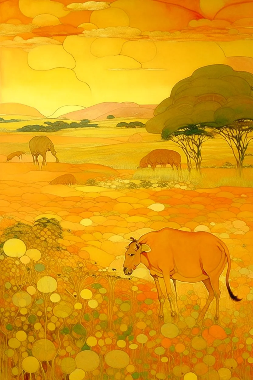 A light rosy orange colored savanna fields with animals painted by Gustav Klimt