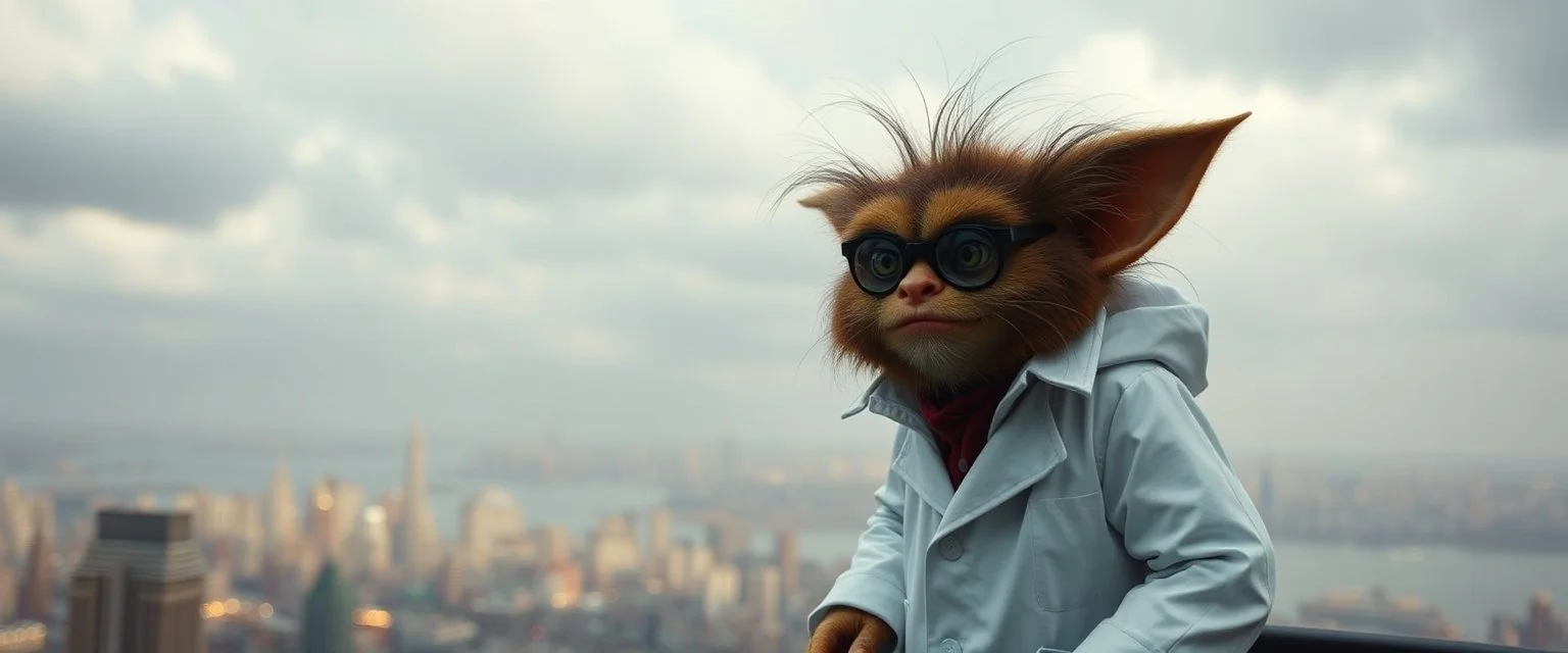 crazy fluffy Christian Slater gremlin maniac scientist in lab coat standing in tower watching city on water