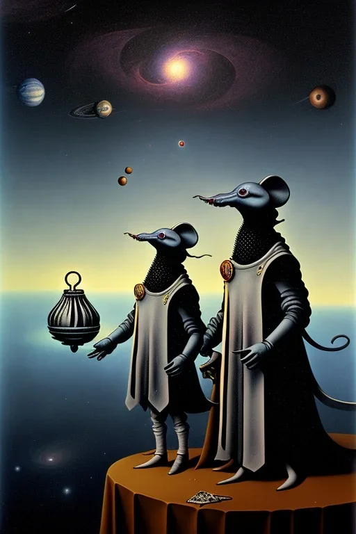 The Plague Doctor and a Mouse happily lost in the milky way attracted by mutual appreciation of their artistic desires in Outer Space, art by Magritte