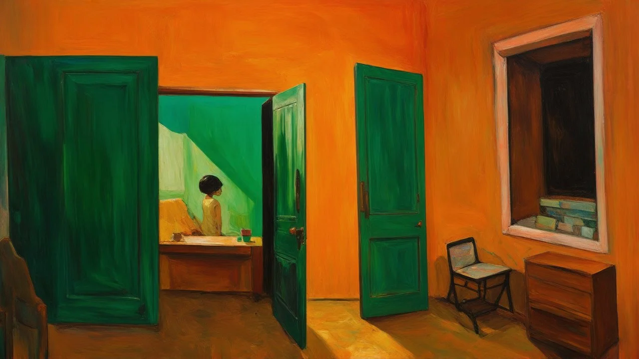 An expressionist confinement scene with dominant tones of ochre and emerald green.
