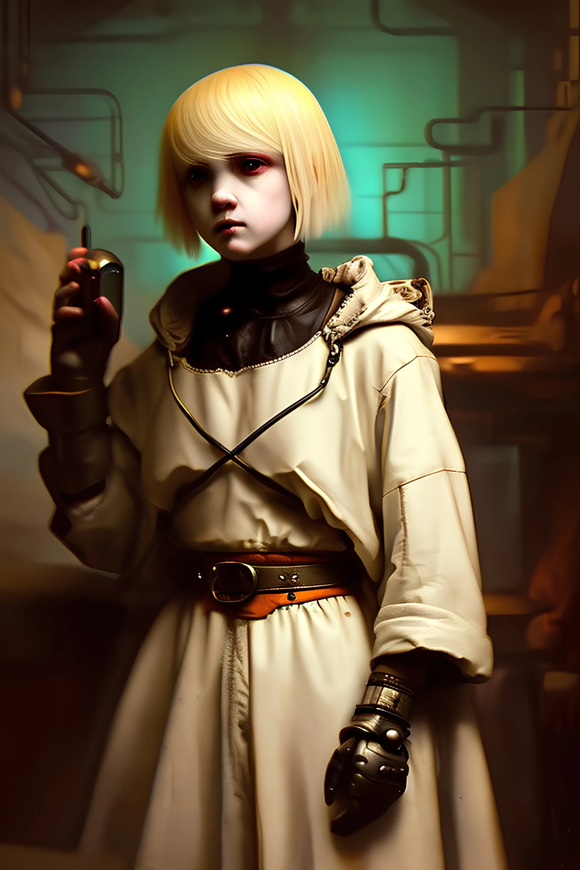 Little scared girl with blonde hair in Cyberpunk wunderkammer painted by Rembrandt with unsane details, soft colors, lot of space around the girl with a lot of strange objects