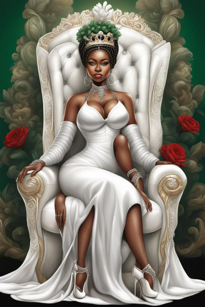 Create a digital airbrush cartoon of a curvy African American female sitting sideways on a queen throne. She is wearing a white shiny gown with white heels. Prominent make up with brown eyes. Highly detailed black and off-white braids in her hair. The braids are flowing all directions with a crown on her head. Background of green, black and red flowers surrounding her