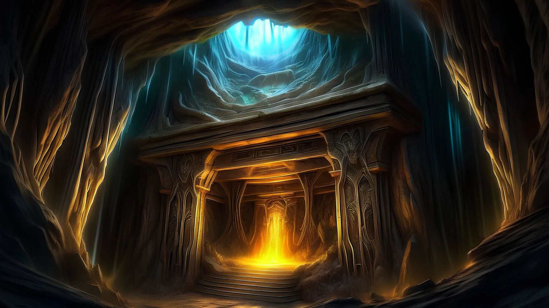 The Temple of the Mystery of the Cave Symbolic Painting, detailed, symbolic, cinematic, ancient setting, mystical lighting, abstract, digital painting, high resolution, intricate details, inspired by artists like Alex Grey and Android Jones, artstation trend, majestic composition, vibrant colors