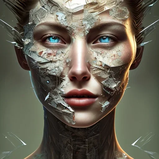 broken, cracked-open woman's face, fine detail, highly intricate, pieces of face falling off, wearing bridal veil, modern surrealism painting, high-quality, volumetric lighting, 8k, ultrahd, George Grie, Marco Escobedo, Igor Morski