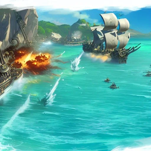 two pirate ships fighting each other at sea. They fire cannons at each other and one ship is hit and burns.