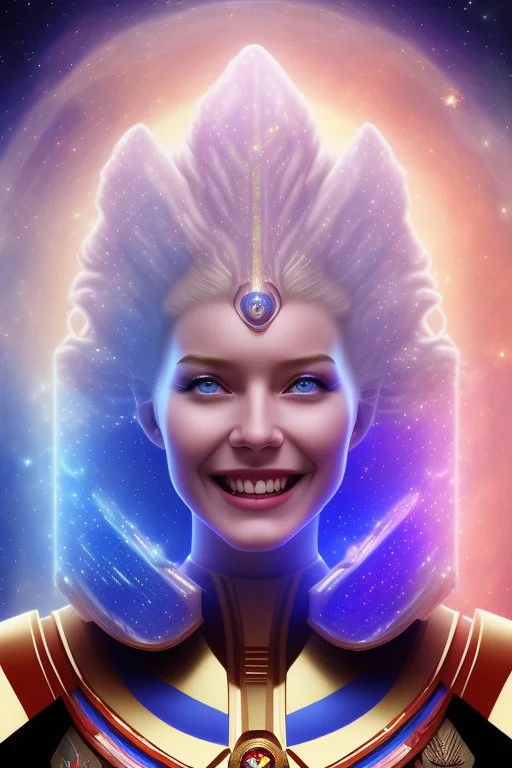 cosmic woman smile, admiral from the future, one fine whole face, crystalline skin, expressive blue eyes,rainbow, smiling lips, very nice smile, costume pleiadian, Beautiful tall woman pleiadian Galactic commander, ship, perfect datailed golden galactic suit, high rank, long blond hair, hand whit five perfect detailed finger, amazing big blue eyes, smilling mouth, high drfinition lips, cosmic happiness, bright colors, blue, pink, gold, jewels, realist, purple hairs