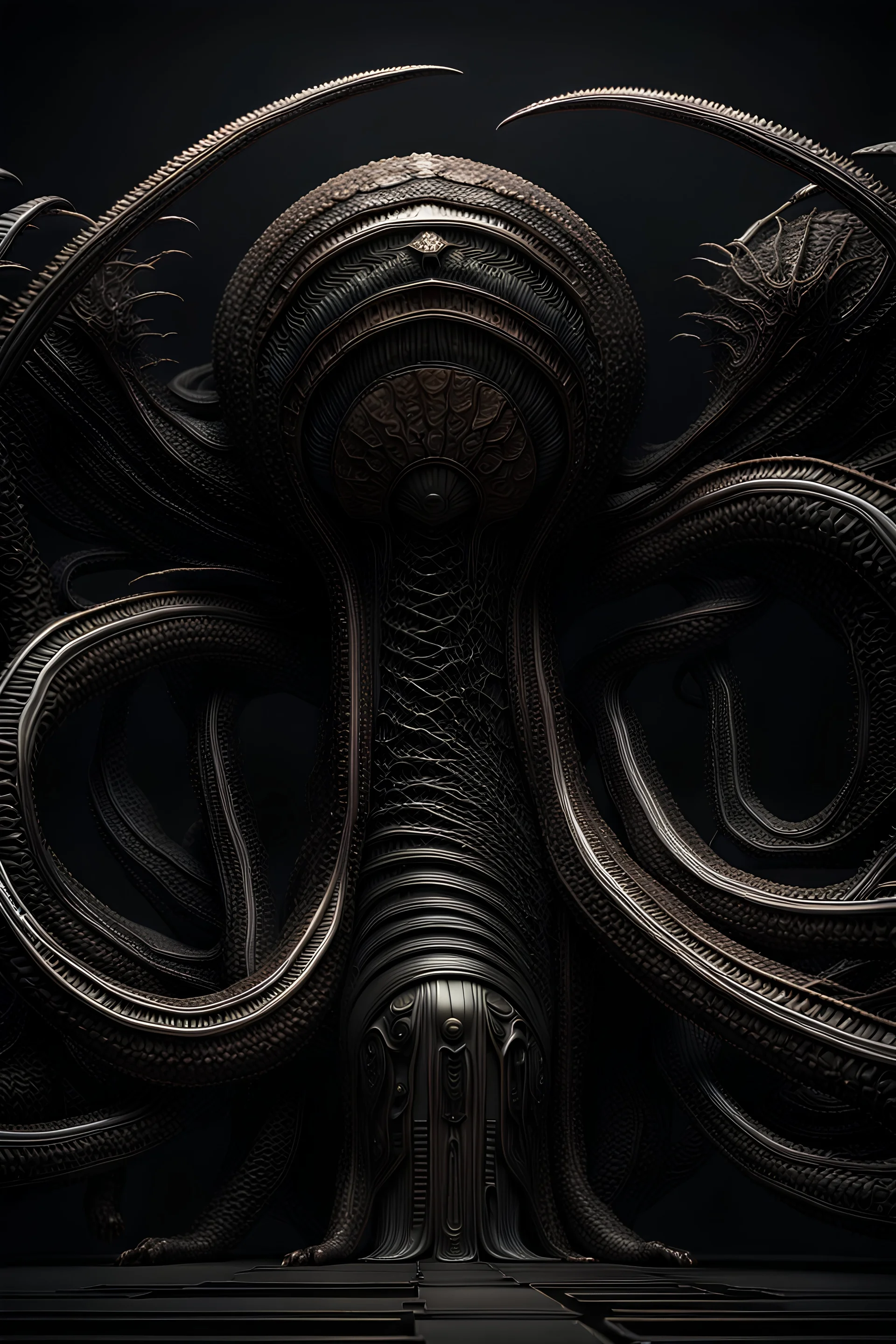 3D rendering of Expressively detailed and intricate of HR Giger depicting: dune movie, dramatic color, glossy black, showing vuscular, side view, scientific, single object, black background, cosmic fractals, octane render, 8k post-production, detailled metalic bones, artstation: award-winning: atmospheric: commanding: fantastical: clarity: 16k: ultra quality: striking: brilliance: stunning colors: amazing depth