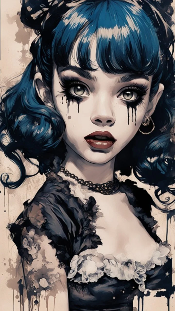 Poster in two gradually, a one side malevolent goth vampire girl face and other side the Singer Melanie Martinez face, full body, painting by Yoji Shinkawa, darkblue and sepia tones,