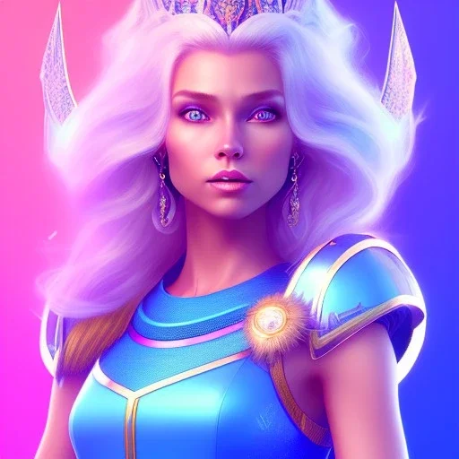 A portrait of a full body crystalised blue pink queen,smiling face, blue eyes, long blond hair, atmospheric, realistic, unreal engine, lighting