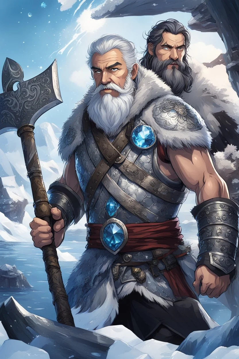 in anime style,1older man, a older man with blue eyes and black hair man in silver Viking armor with fur around the neck with blue crystal on his chest holding an axe in his hands standing on a pirate ship in the artic, warrior in anime style,