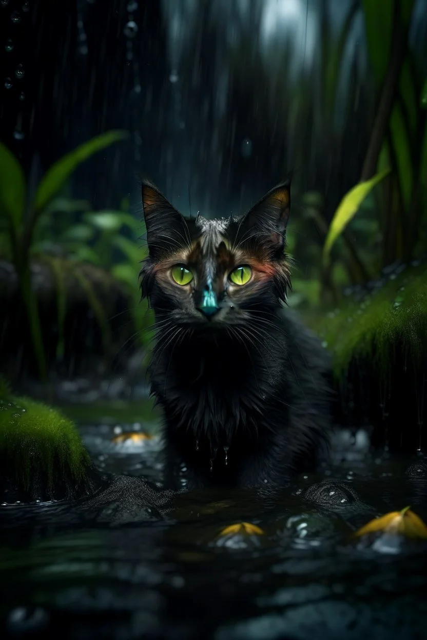 cat bat +won the dark clouds, portrait in weird waterfall in moist swamp planet , photo-realistic, shot on Hasselblad h6d-400c, zeiss prime lens, bokeh like f/0.8, tilt-shift lens 8k, high detail, smooth render, down-light, unreal eng