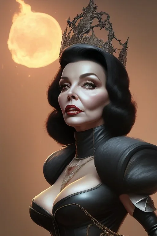 Joan Collins as evil queen in black leather, leather, busty, cleavage, angry, stern look. character design by cory loftis, fenghua zhong, ryohei hase, ismail inceoglu and ruan jia. unreal engine 5, artistic lighting, highly detailed, photorealistic, fantasy