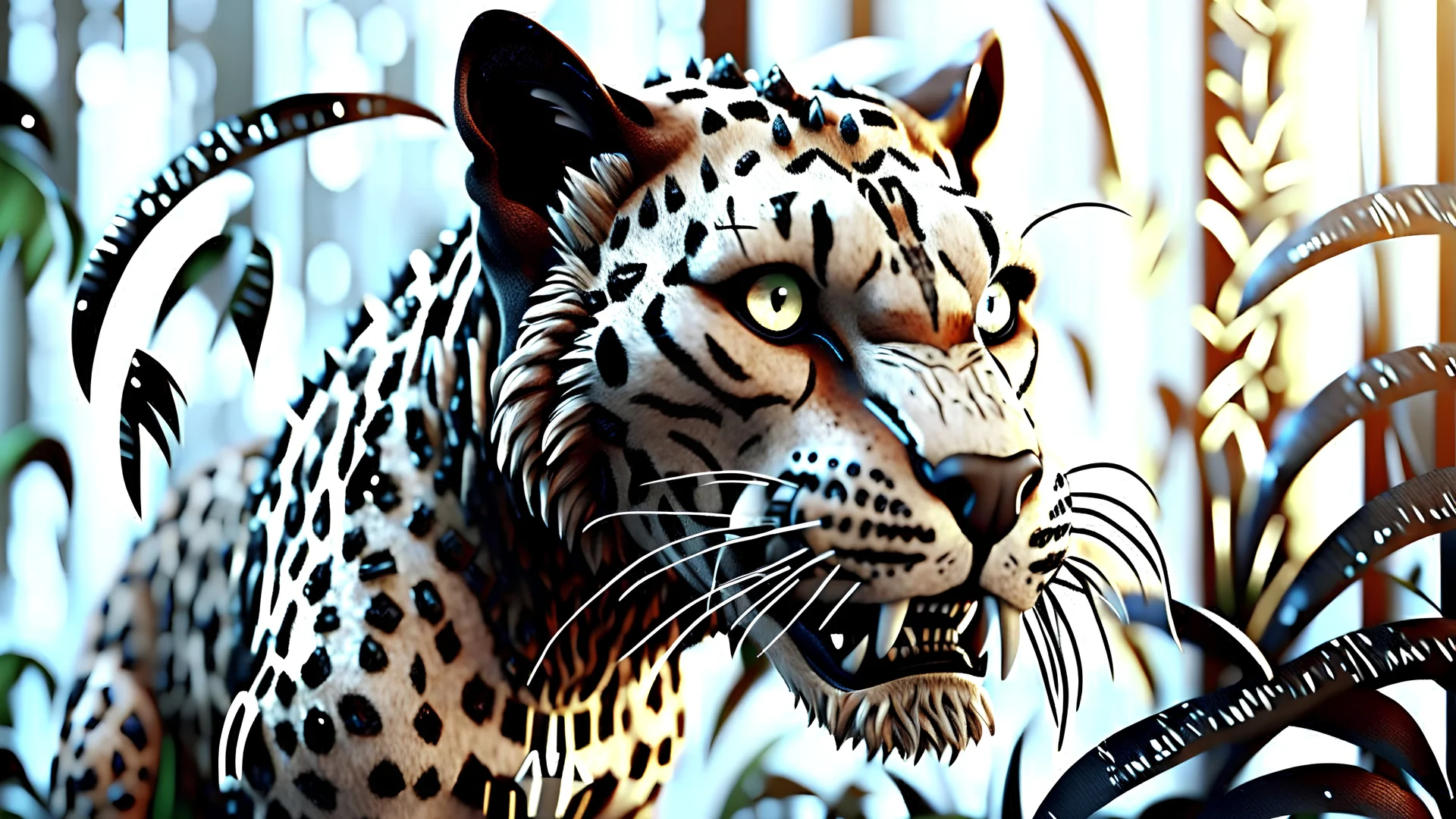 Huge sabre-toothed cat in the jungle with intricately detailed face, professional photography, bokeh, a breathtaking background cinematic side light, wide shot shot on dslr 64 megapixels sharp focus, canon lens, Hyperrealistic, concept art, 16k resolution