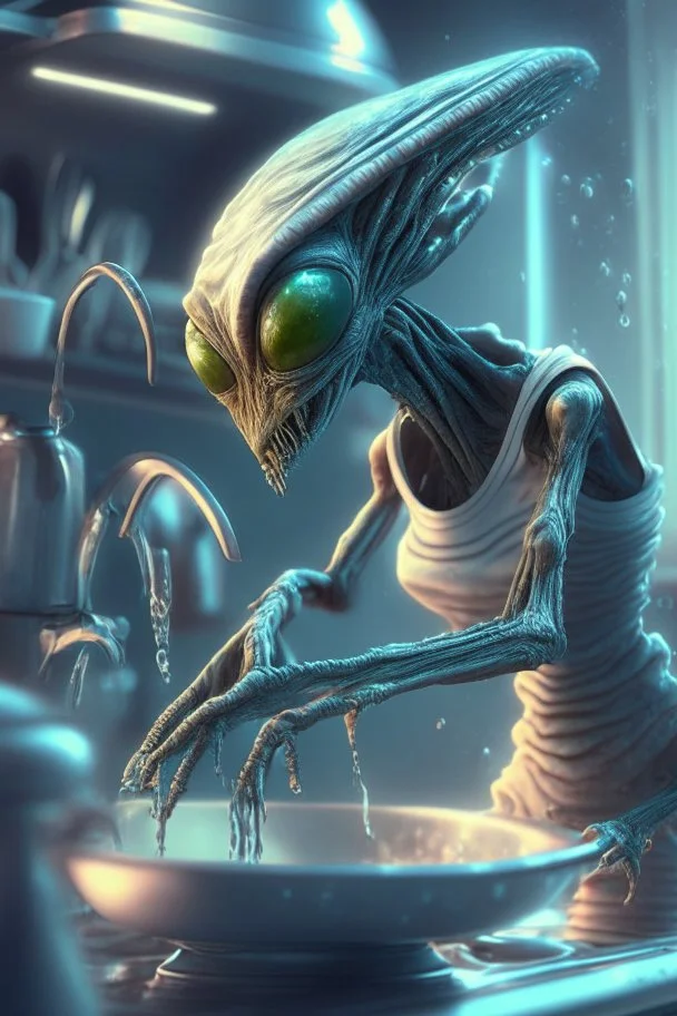 Alien doing the dishes ,highly detailed, artstation, sharp focus,4k