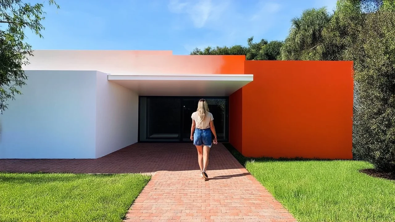 The primary object is a contemporary house featuring a striking design with stark white and vibrant orange walls. The structure has large windows and a unique overhang that creates a shaded area at the entrance. The pathway leading to the house is paved with bricks, contrasting nicely with the green grass surrounding the property. A woman is seen walking towards the entrance of the house. She appears to be enjoying the space and is dressed casually, which complements the relaxed, modern aestheti