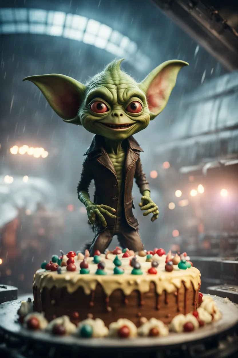 portrait of happy gremlin virgin alien standing in a mega cake on a speeding locomotive in a wind tunnel birthday party in a storm cloud, in the style of a fallout 4,bokeh like f/0.8, tilt-shift lens 8k, high detail, smooth render, down-light, unreal engine, prize winning