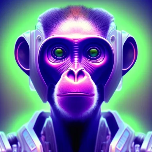 A beautiful portrait of a cyborg monkey purple neon color scheme, high key lighting, volumetric light high details psychedelic background