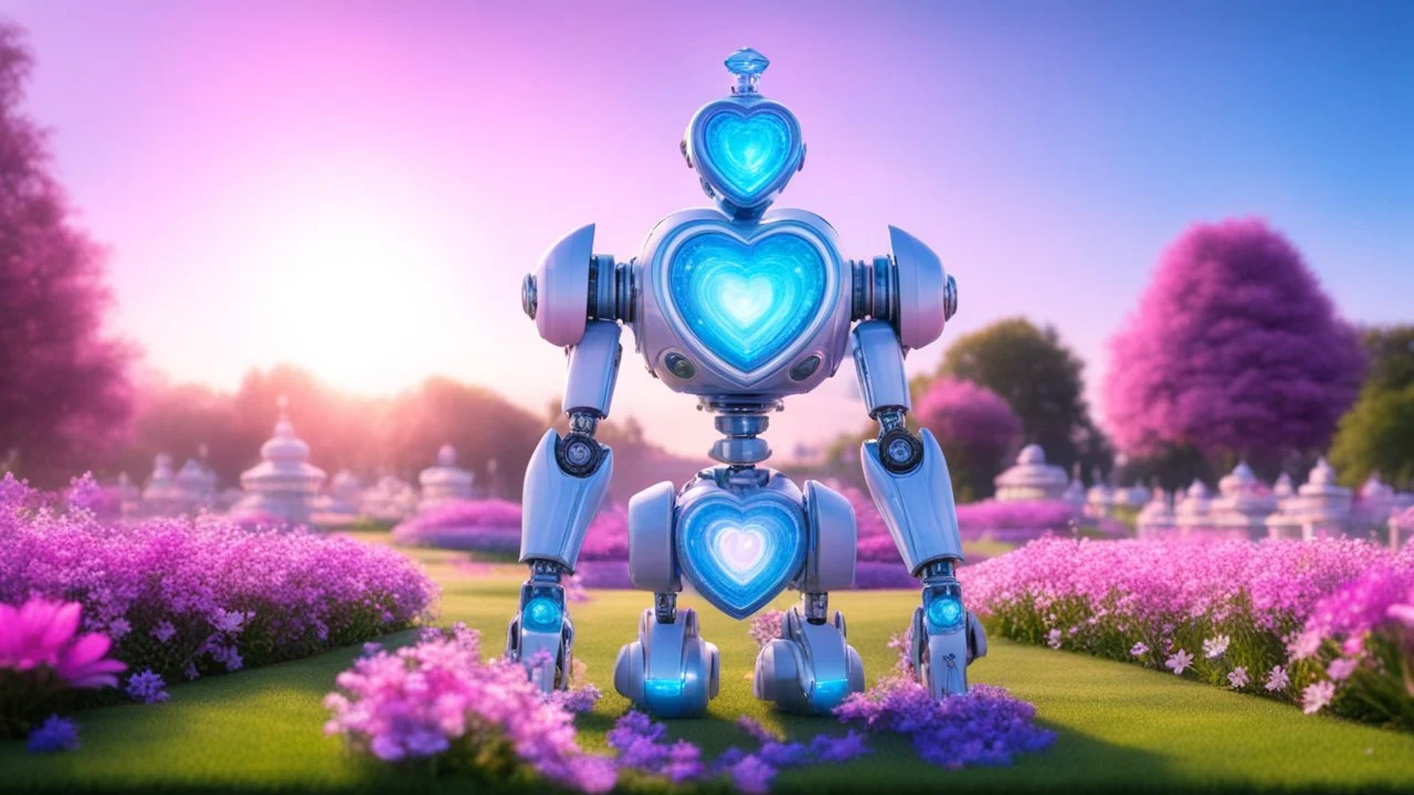 magic brightness piramidal robot coloured of light and bluebeam with an heart at the interior. the bakground is in a fairy lawn with pink flowers, crystal and a with lightness sky