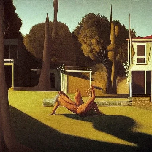 100% modern conceptual art, a realistic figurative oil painting in a outdoor setting and painted by Edward Hopper and Dorathea Tanning and painted by Paul Delveau and hyper realistic shadows by Georgio DeChirico and trees painted by Arnold Bocklin and hedges painted by HR Giger and sky painted by Casper DavidFriedrich, painting of a creepy dilapidated old Mansion painted by Charl÷s Addams and felician ropps,a cypress swamp, the figure is the focus of the picture is a beautiful young 20 year ol