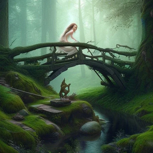 poet with lute, angel sleeping on rock under wooden bridge in magical forest, spray painting, foliage frame, fantasy art , movie poster, Realistic photography, incredibly detailed, ultra high resolution, 8k, complex 3d render, cinema 4d, color corrected