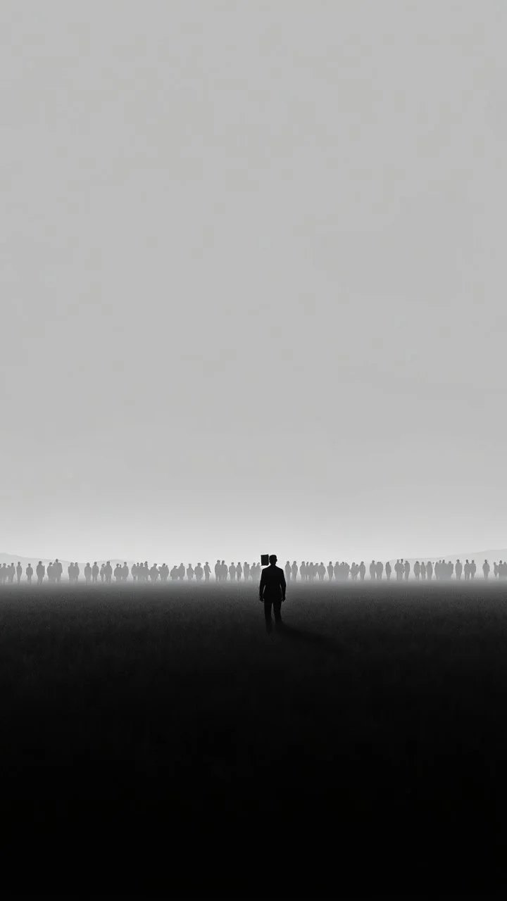 A field of random people at the end of the picture gray background an giant shadow a human figure standing object in a cinematic, 8k