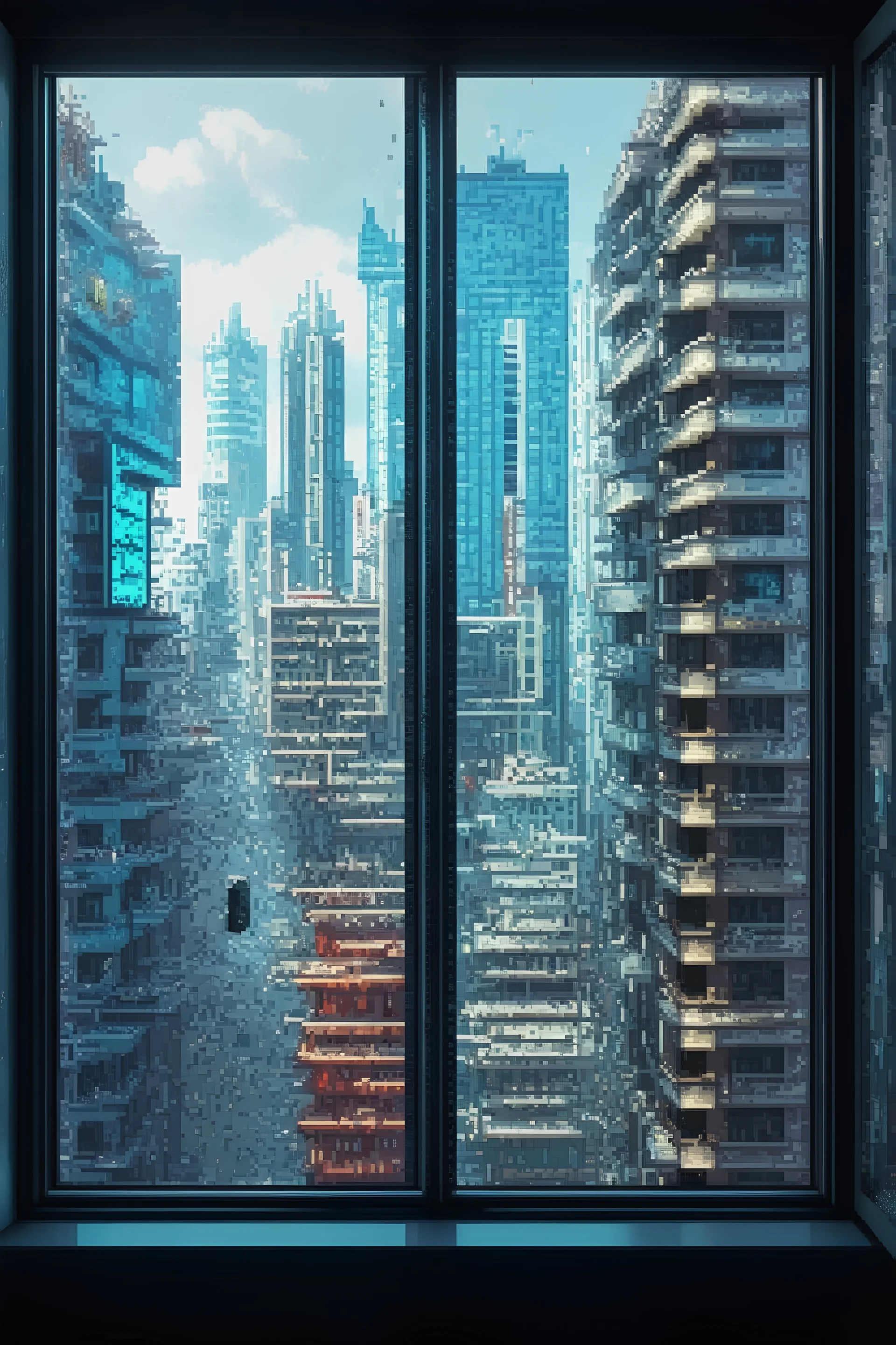 daytime cyberpunk city out of an apartment window