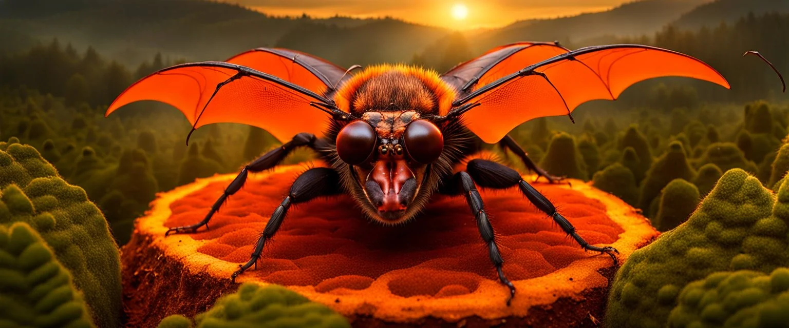 A national geographic award skin color patterned like a poisinous incect or reptile, horrorcore, science gone crazy, winning photograph of of a bat spider housefly station wagon hybrid in nature and on the hunt, 64k, reds, oranges, and yellows anatomically correct, 3d, organic surrealism, dystopian, photorealisitc, realtime, symmetrical, clean, 4 small compound eyes around two larger compound eyes, surrealism telephoto dynamic lighting 64 megapixels Unreal Engine volumetric lighting VRay