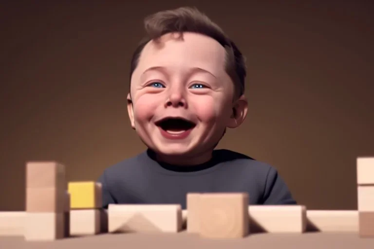 Elon musk as a Happy toddler playing with blocks