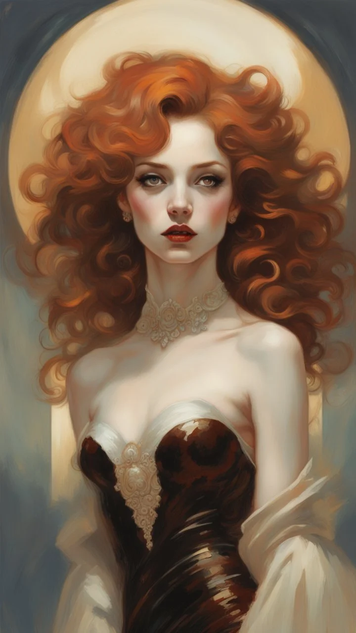 Vampiress, Queen of Dracula, a fiery-haired beauty with luscious curls and deep brown eyes, adorned in a regal futuristic gown that captures the essence of celestial bodies and stars. by Conrad Roset, Pino Daeni, Jeremy Mann, Alex Maleev, 16k resolution, super dramatic light, sharp focus, alexander mcqueen , John William Waterhouse rudolf hausner, daniel f. gerhartz,