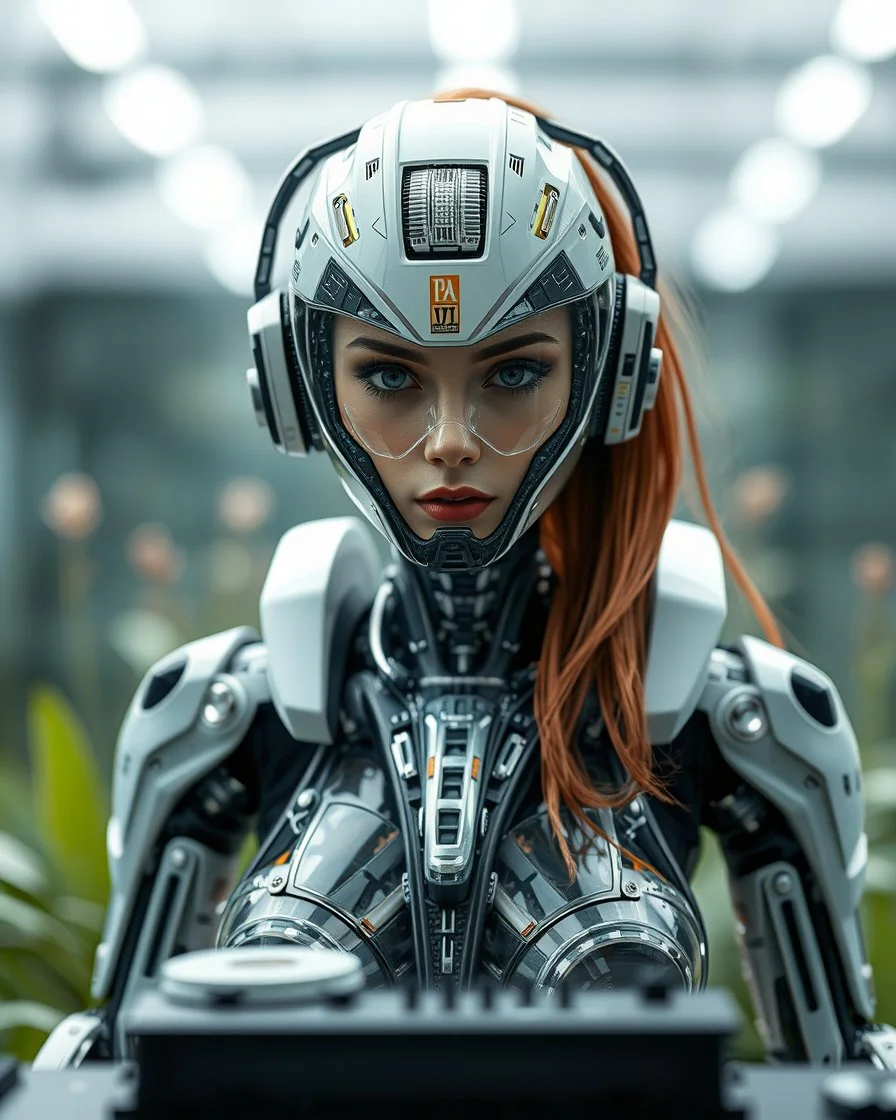 Front view full body rendering Beautiful Female as Hybrid mecha robotic DJ chasing clear surfaces it from transparency super clear glass explore inside components nature plants, advance design futuristic sci fi picture,find details,Sony Alpha 7 50mm 1.8,medium shot, high-resolution image with fine details,ultra detailed,ultra realistic,extremely realistic,intricate,photorealistic,epic composition