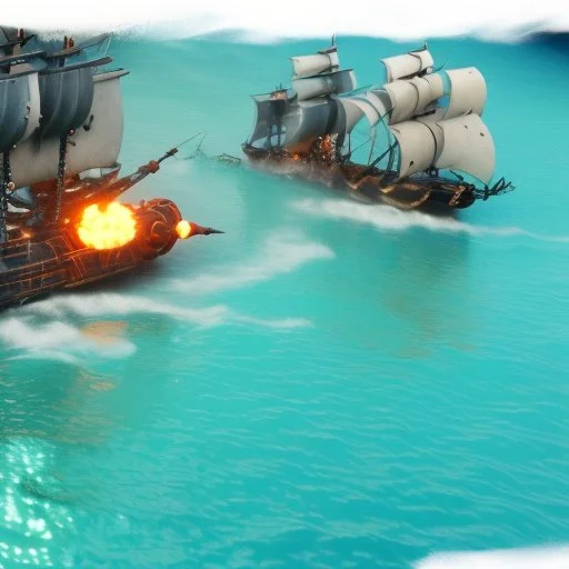 Two pirate ships fight each other at sea. Firing cannons. One ship is hit and burns after being hit.