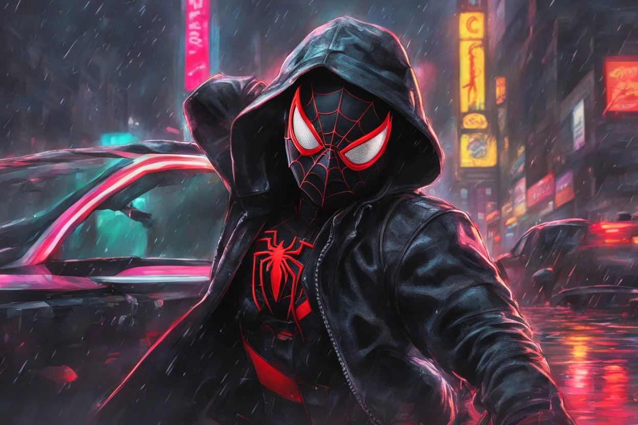 Miles morales in 8k nier automata drawing style, spider man them, cinematic mood, neon effect, close picture, rain, highly detailed, high details, detailed portrait, masterpiece,ultra detailed, ultra quality