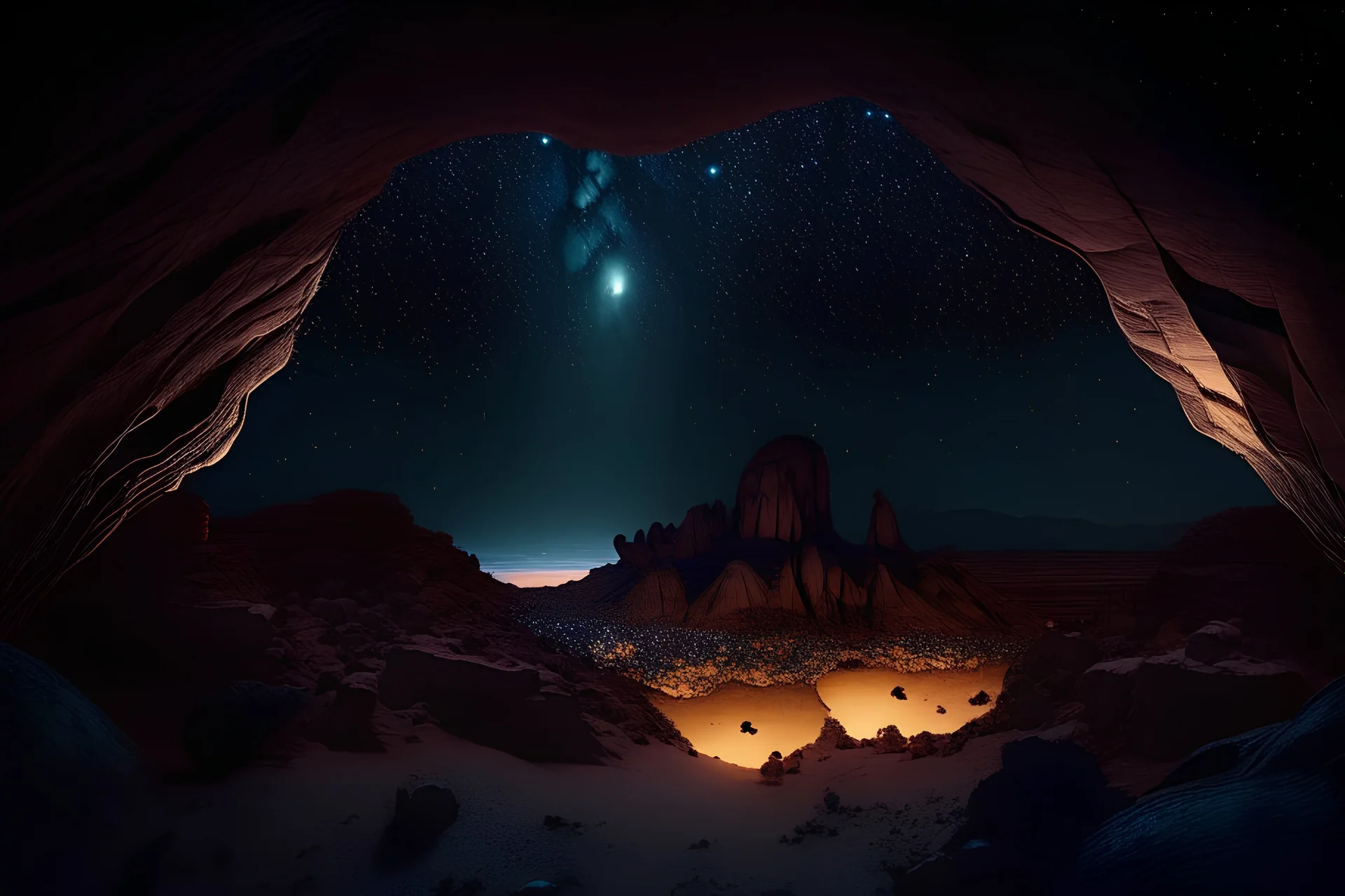 The night view of the desert in the upper left and the dark cave in the lower right