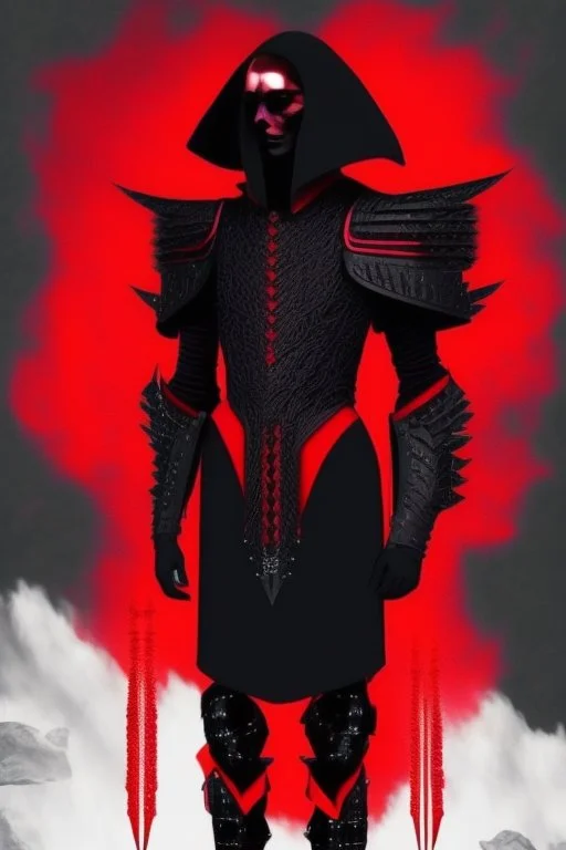 a man modern in military science fiction armor, the armor must be made of spiritual fabric, black and red. a fabric similar to that worn by men of the witch church of the past.