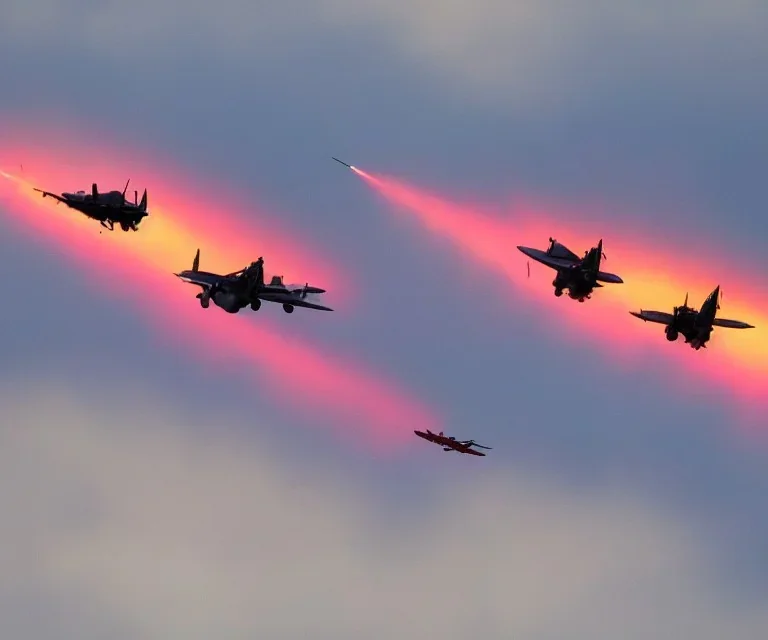 Two first world war plane fighters combating at dawn with vivid colours