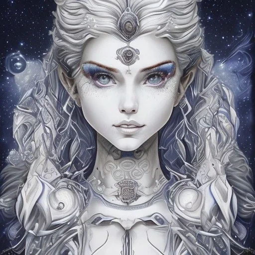 cosmic mage, elf, female, battle mage, epic, cosmic magic, long ears, white hair, face details, pale skin, jewellery, broad shoulders, sharp ears, cosmic clothes, cosmic eyes, ears shown, light out of eyes, the cosmos in eyes, stars in eyes, shining eyes, non human face, thin face, animation, detailed ears, magical eyes, non realistic, closed mouth, bigger make up