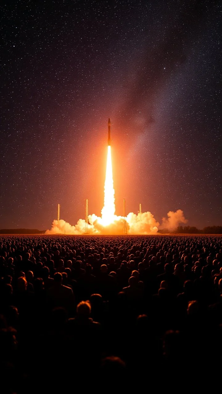 A field of random people in a bright lighting , 10 of rockets shot from earth to the sky with stars sky in a dark background , lot of rockets and falling stars filling the picture