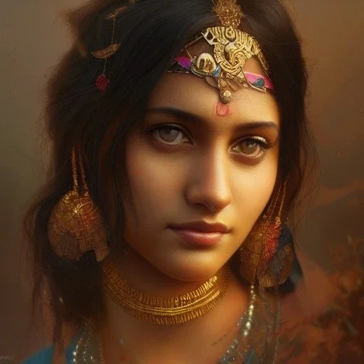  Indian mystical girl , cute, beautiful, long hair, cinematic, 8k, resolution concept art portrait by Greg Rutkowski, Artgerm, WLOP, Alphonse Mucha dynamic lighting hyperdetailed intricately detailed