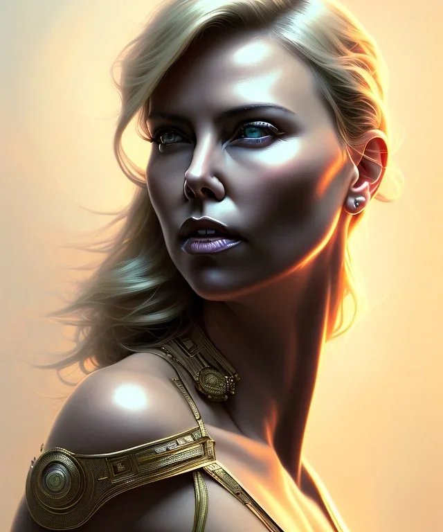 Charlize Theron, cute, beautiful, Native American, head and shoulders portrait, 8k resolution concept art portrait by Greg Rutkowski, Artgerm, WLOP, Alphonse Mucha dynamic lighting hyperdetailed intricately detailed Splash art trending on Artstation triadic colors Unreal Engine 5 volumetric lighting, long hair, brown eyes, black hair, clean face