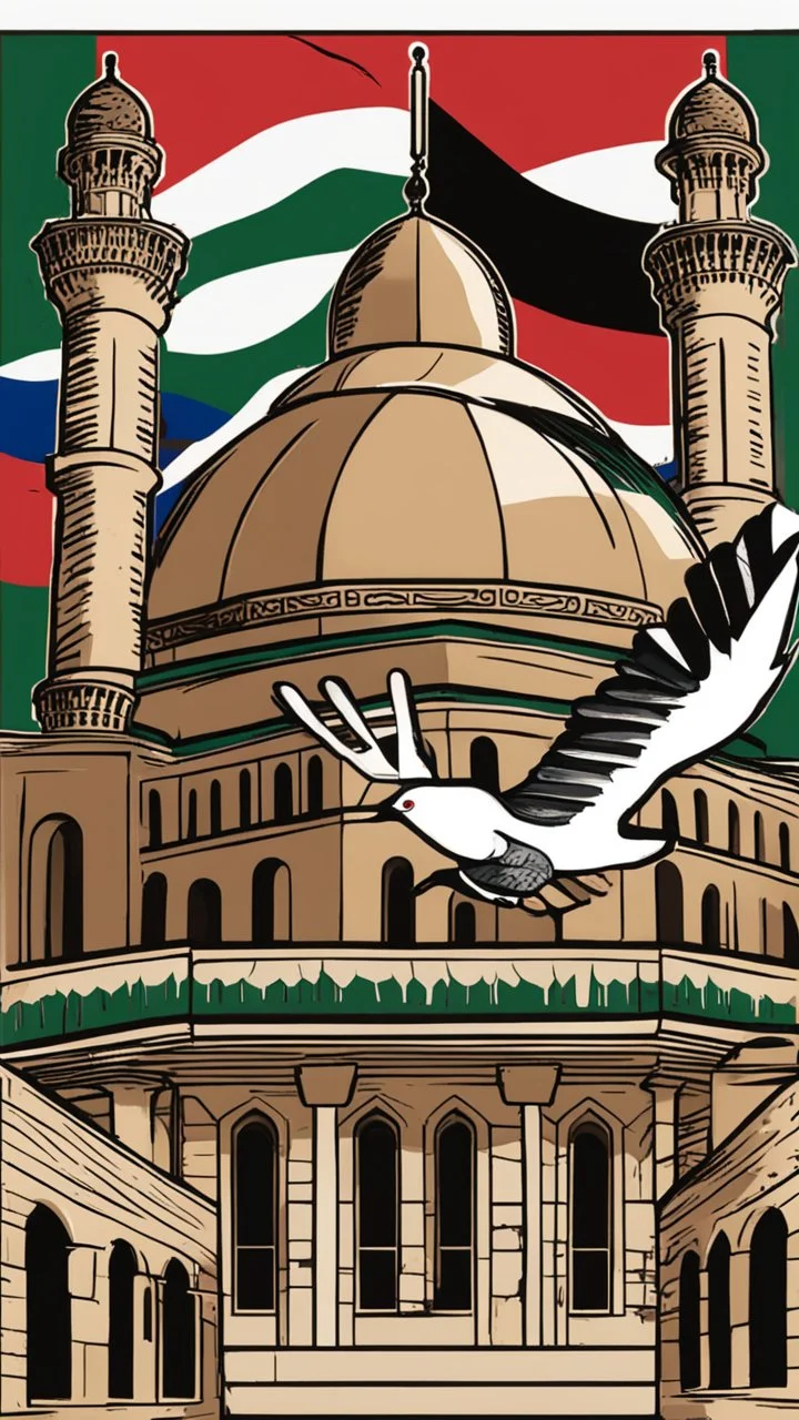 A design for Al-Aqsa Mosque, with a dove around it that expresses freedom, and the Palestinian flag flutters, covering Al-Aqsa Mosque.