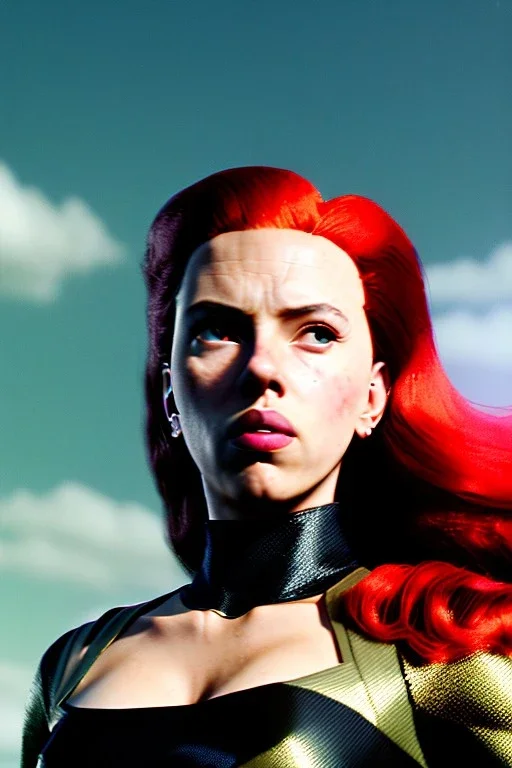 retro portrait image from 1960, sky background, wind, long red hair, fighting stance, sweet young Scarlett Johansson, black dress, classic long tight lycra black suit, gold bracelet and belt, high heel boots, superhero style, soft color, highly detailed, unreal engine 5, ray tracing, RTX, lumen lighting, ultra detail, volumetric lighting, 3d, finely drawn, high definition, high resolution.