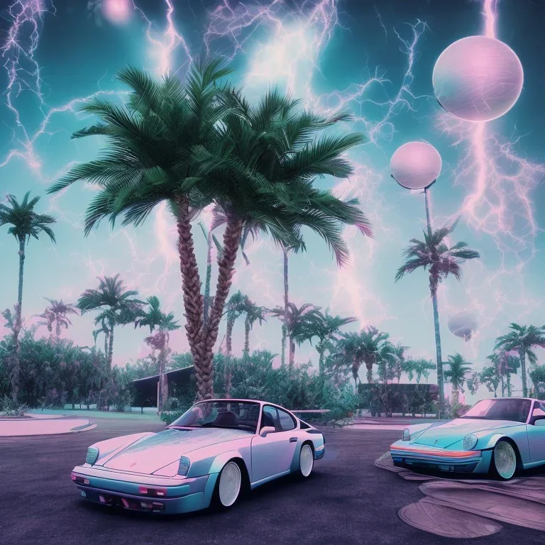 1980's aesthetic vaporwave palm trees and spheres and Porsche with lightning