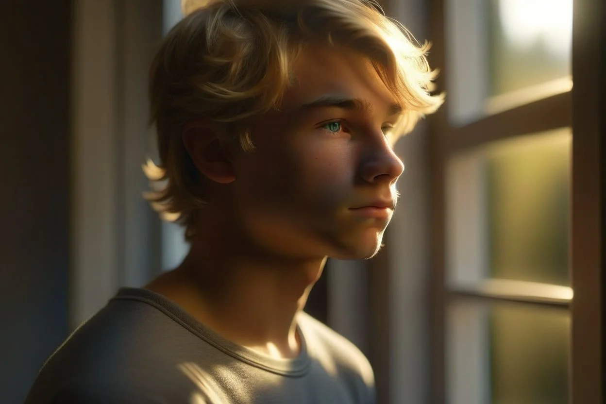 A candid portrait of an athletic teen boy with honey brown eyes and golden blond hair, cute, innocent and thoughtful, leaning against a window, a hint of facial hair, wearing sleeveless shirt, inside an empty room with warm sunlight streaming in, detailed, high definition, 4K, 8K, quality render