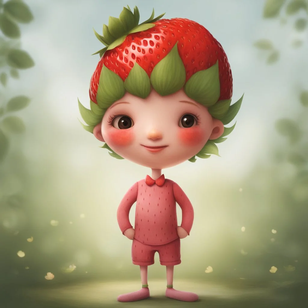 an anthropomorphic strawberry with pixie-cut hair, I want a man merged with a strawberry with pixie-cut hair, - a man who looks like a strawberry - a man whose skin is strawberry skin. I want a strawberry with arms and legs and hands and feet and finers and toes and a head with a nose, a mouth, ears, eyes and hair.