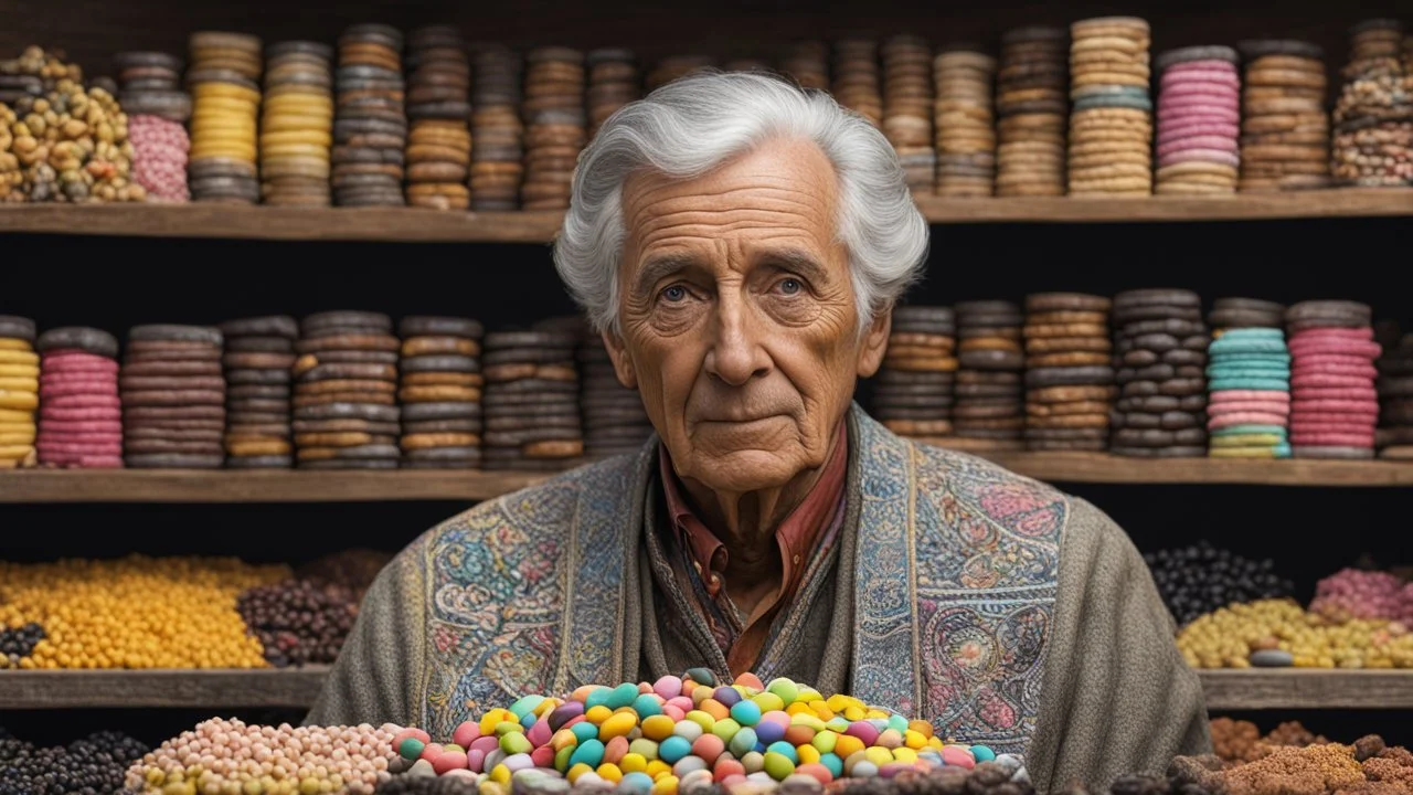 elderly male market trader selling liquorice allsorts, showing his head and upper body, perfect eyes, perfect anatomy, exquisite composition, beautiful detailed intricate detailed octane render, 8k artistic photography, photorealistic, soft natural volumetric cinematic perfect light, chiaroscuro, award-winning photograph, masterpiece, raphael, caravaggio, bouguereau